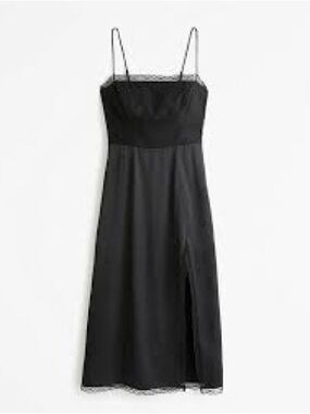 Abercrombie & Fitch Black Satin Dress High Slit Midi with lace